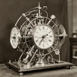 albert einstein building intricate and complex clock time machine, vintage photograph