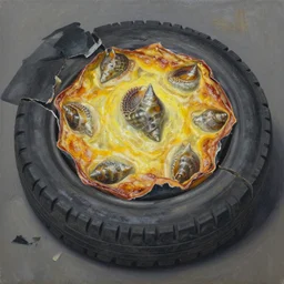 oil painting of decagon pressed mollusk in torn & shredded tire pile baked at 4 5 0 f, claustrophobic by wayne d barlowe baked at 6 0 0 f