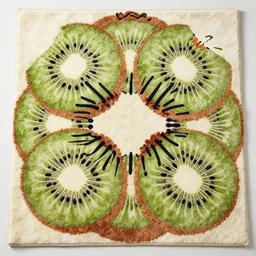 professional photo of rug photorealistic texture with huge kiwi fruits ornaments, top view, symmetrical, beautiful, square, 4 k