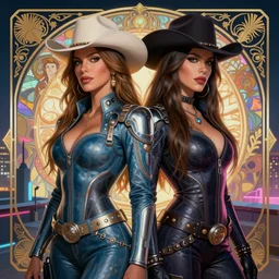 mix of sofia vergara and ana de armas, portrait futuristic cyber cowgirl, neon light rooftop, fantasy, intricate and beautiful and elegant, highly detailed, digital painting, artstation, concept art, smooth and sharp focus, high contrast, symmetrical, tight fit, art by tan zi and artgerm and greg rutkowski and alphonse mucha and elias chatzoudis