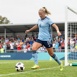 of a blonde soccer star woman scoring a goal and the crowd behind the net in celebration cheering, scoreboard in background says 4 to 0, digital art, cinematic