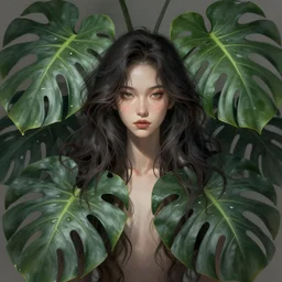 ! dream asian, monstera queen, symmetrical face, symmetrical body, artgerm, loose hair, portrait, muted colors, long hair, large monstera leaves, deep focus, d & d, fantasy, complex, elegant, highly detailed, digital painting, artstation, concept art, matte, clear focus, illustration, hearthstone, works by artgerm, greg rutkowski