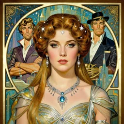 Katie Mcgrath as  the princess Ardala , buck rogers , a beautiful art nouveau portrait by Gil Elvgren, beautiful sci-fi city environment, front centred symmetrical composition, defined features, silver jewellery, stars in her gazing eyes
