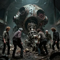 movie still of gas gangrene planet moving machinery, filthy and abandoned alberto bontempi, shigeru komatsuzaki, wayne d barlowe, alex ross, simon bisley & boris vallejo, alex ross, enric torres, hyper realism, cinematical, narrative light, muted colors, epic, hyper detailed, awe inspiring, award winning horror, narrative lighting, hyper