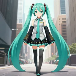Hatsune Miku as a giant woman walking through New York, anime artstyle