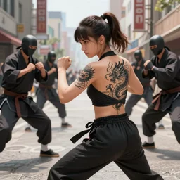 Digital anime art by WLOP and Mobius, Downtown street, midday, young woman martial artist, bare back, tattoo with a dragon design, preparing to fight, multiple yakuza opponents, highly detailed, realistic day lighting