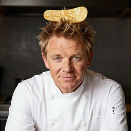 portrait of chef gordon! ramsay! with ram chip on head