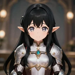 adorable young cute anime elf girl, long black hair, detailed fantasy armor, symmetrical face. beautiful spark eyes. beautiful lineart. bokeh pixiv # 1 ranking depth focus, chromatic aberration, noise, soft lighting, srgb, 4 k, cinematic