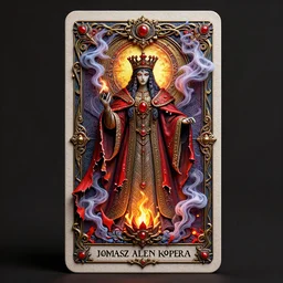 A beautiful detailed tarot card, by  tomasz alen kopera and Justin Gerard, symmetrical features, ominous, magical realism, texture, intricate, ornate, royally decorated, whirling smoke, embers, red adornements, red torn fabric, radiant colors, fantasy, trending on artstation, volumetric lighting, micro details, 3d sculpture, ray tracing, 8k, anaglyph effect
