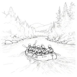 a river rafting crew floating down a river, minimalist line drawing, clean long lines, ultra detailed