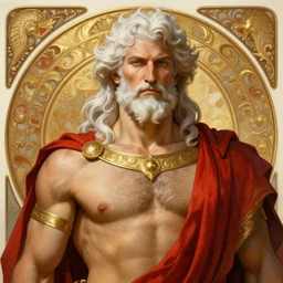 painted portrait of rugged zeus, god of thunder, greek god, white hair, masculine, mature, handsome, upper body, red and gold, broad shoulders, muscular, hairy torso, fantasy, intricate, elegant, highly detailed, digital painting, artstation, concept art, smooth, sharp focus, illustration, art by gaston bussiere and alphonse mucha