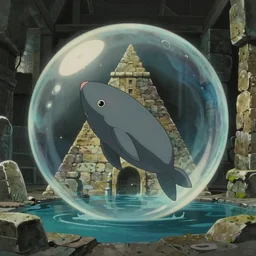 hyperrealist, dull colors, interior shot from howls moving castle 2 0 0 4 of a grey manatee rocketing out of a cubic bubble in a flooded stonehenge pyramid. bubble.