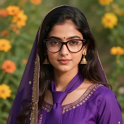 portrait of a young cute hyderabadi woman wearing a purple tie with cateye glasses, summer bloom, au naturel, hyperdetailed, digital art, trending in artstation, cinematic lighting, studio quality, smooth render, unreal engine 5 rendered, octane rendered, art style by klimt, nixeu, ian sprigger, wlop, krenz cushart