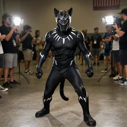 calico cat cosplaying as black panther, dragoncon, flash photography, full length, 3 5 mm, f / 2. 8