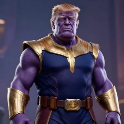 Donald Trump cast as Thanos, still from marvel movie, hyperrealistic, 8k, Octane Render,