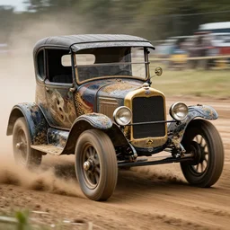 action photography, award winning photo of an ultra detailed intricate muddy vintage 1 9 2 0 s ford cars on speeding very fast on dirt, dirt and dust, fast shutter speed, motion blur, tiny gaussian blur, highly detailed, highly intricate, depth of field, trending on top gear