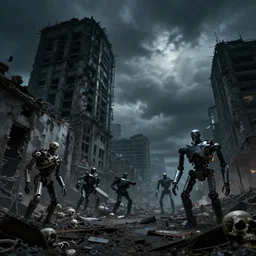 movie film still of ruined city buildings, skulls, night, cloudy, killer robots, terminator, dystopian, highly detailed, 4 k, art by artgerm