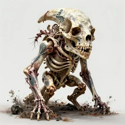 creature assembled from bones, scars and veins and intricate tattoos , by Emil Melmoth, Mikhail Vrubel, Ed Roth, high detail, cinematic