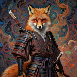a fox human hybrid creature samurai warrior, intense intricate detail, beautiful and gorgeous design, cinematic composition, painting masterpiece by rembrandt, michelangelo, junji ito, yoji shinkawa, takehiko inoue, psychedelic imagery background, fractal clouds