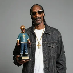 Snoop Dogg holding a small statue of Snoop Dogg for a 1990s sitcom tv show, Studio Photograph, portrait, C 12.0