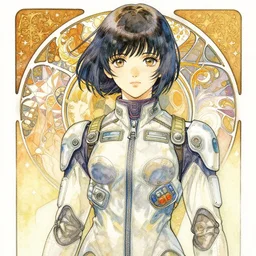 a watercolour manga portrait illustration by sui ishida and alphons mucha of an anime girl highly detailed anime eyes wearing a futuristic pilot suit lots of zippers, pockets, synthetic materials, jumpsuits by issey miyake and balenciaga 8 k