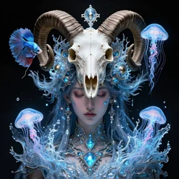 goddess macro shouler portrait from bottom to top in crown made of ram skull. betta fish, jellyfish phoenix, bioluminiscent, plasma, ice, water, wind, creature, super intricate ornaments artwork by tooth wu and wlop and shofff and greg rutkowski