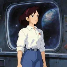a film still of a 1 9 5 0's mechanic anime girl standing near big window of spaceship looking to another planet, sharp face focus, finely detailed features, full body mid shot, perfect art, trending on pixiv fanbox, painted by gaston bussiere, makoto shinkai, akihiko yoshida, gaston bussiere, craig mullinsm studio ghibli