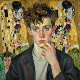 detailed portrait of a young confident, timid young man, by lucian freud, francis bacon, john chamberlain, willem de kooning, andreas franke, jean giraud, rob gonsalves, james gurney, james jean, ruan jia, gustav klimt