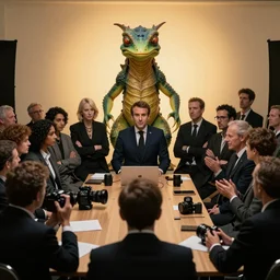 A reptilian conspiracy meeting led by Emmanuel Macron, cult, meeting, illuminati, photography, studio portrait, volumetric lighting, nikon, canon, f3.2, 14mm, wide angle