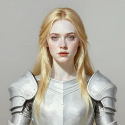 a professional painting of Elle Fanning, clothed in ethereal armor, porcelain white skin, long blonde hair, beautiful bone structure, symmetrical facial features, intricate, elegant, digital painting, concept art, smooth, sharp focus, illustration, from Fallout 3, by Edward Hopper and Norman Rockwell and Michael Sowa and Paul Rubens