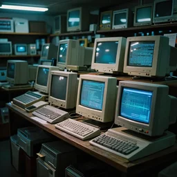 old computers in a japanese thrift store, cinematic light, atmospheric, synthwave atmosphere, 8 k photography