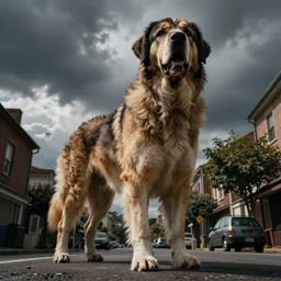giant dog from the street level, cinematic angle, upward perspective