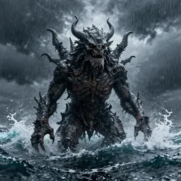 a lovecraftian monster emerges out of the ocean, waves and volumetric lighting, heavy rain, atmospheric, high resolution, rendering, octane, redshift