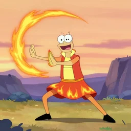 squidward wearing fire nation clothing and practicing firebending outside at susnset