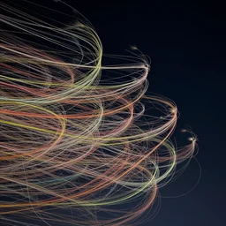 millions of thin threads of color unravel sideways and twist and whirl confusingly in strong winds across a dark night sky, highly detailed, unreal engine