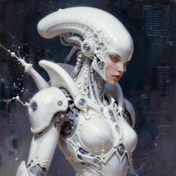 a beautifull white cast futuristic xenomorph humanoid woman in power armor with pretty face in intricate detailed color smashing fluid oilpaint, melting wax, thin fractal tendrils, ornate headpiece, futuristic digital painting, cyberpunk, 8 k, hyper detailed, octane render, concept art, by peter mohrbacher, by wlop, by ruan jia,