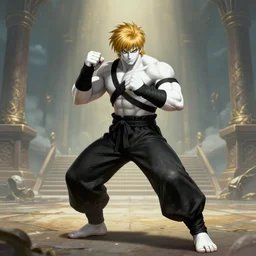 Full body Picture of a Ryu from Streetfighter 2, fighter, black bandage on arms, marked muscles, white skin, dark blond hair, brown eyes, detailed face, combat stance, black soggy pants, spiritual, epic fantasy, temple in the background, D&D, by artgerm and Craig Mullins, James Jean, Andrey Ryabovichev, Mark Simonetti and Peter Morbacher, matte painting, trending on artstation, artstationHD, artstationHQ, octane, full HD, 16K