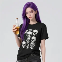 thin white girl with long purple hair wearing a black t - shirt with skulls on the shirt and holding a beer, standing next to a raven perched on a branch, festival tents in the background, full color digital illustration in the style of don bluth, artgerm, artstation trending, 4 k