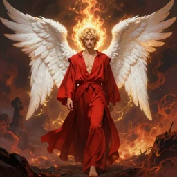 symmetrical fullbody portrait of a beautiful young fit male angel with curly blond hairs, fulldressed in long fluent red clothes, majestic big demon wings, luminous fire halo, by greg rutkowski and alphonse mucha, gradient white to gold, in front of an hellish landscape background, highly detailed portrait, digital painting, artstation, concept art, smooth, sharp focus illustration
