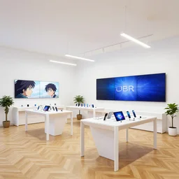 pbr materials ( minimalist neon flagship samsung store, white walls. oak parquet floor. hanging lights. geometric furniture, large digital screens. display tables with phones and tablets, potted plants ) concept art, john berkey, makoto shinkai, yoji shinkawa, wadim kashin, artstation, 4 k