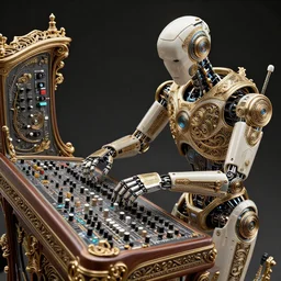 robot using modular synth, bypeter mohrbacher and chris myer, intricate detail, finely detailed, small details, extra detail, photorealistic, high resolution, vray, hdr, hyper detailed, insane details, intricate, elite, ornate, elegant, luxury, dramatic lighting, octane render, weta digital, micro details, 3 d sculpture