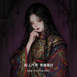 a digital illustration of a young asian woman, ornate, colorful robe, shy, illustrated by jung chen ( lulu chen ), featured on artstation, gothic art, anime aesthetic, art on instagram, gothic, dark