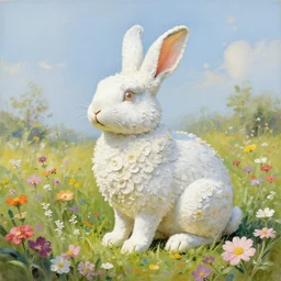 a painting of a white rabbit standing in a field of flowers, a statue by ai - mitsu, pixiv contest winner, temporary art, made of flowers, official art, made of all of the above
