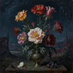 a cinematic masterpiece still life painting of majestic gothic flowers in an alien landscape at midnight, by Alex Grey, by Wayne Barlowe, by Tim Hildebrandt, by Bruce Pennington, by Zdzisław Beksiński, by Paul Lehr, oil on canvas, masterpiece, trending on artstation, featured on pixiv, cinematic composition, beautiful lighting, sharp, details, details, details, hyper-detailed, no frames, HD, HDR, 4K, 8K