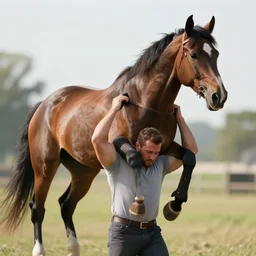 strongman carrying horse on his back, man lifted horse with his hands and shoulders