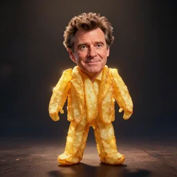 photo of [ a single french fry chip ] shaped into stephen fry as a pixar character hybrid intercross mix cinematic lighting
