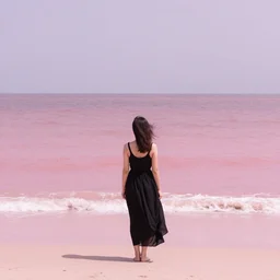 woman in black dress in the middle of the beach, pink ocean, leyendecker style