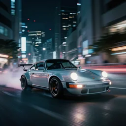 photo of a porsche 911 at night drifting through a city, highly detailed, cyberpunk, octane render, cinematic, 4k, long exposure photography, tokyo drift, fast and furious, film still, night photography, motion blur, lens flare, movie shot, light trail, distortion, wide angle