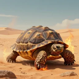 A hideous bleeding tortoise in a desert of flames
