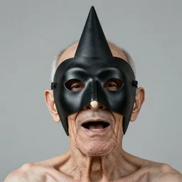 portrait photo of an old wrinkled man, skinny face, bony face, long crooked nose, large gaping mouth, black pulcinella mask, masquerade mask, pointy conical hat, white wrinkled shirt, holding up a pizza, presenting a large pizza, close - up, skin blemishes, menacing, intimidating, masterpiece by michal karcz and yoshitaka amano